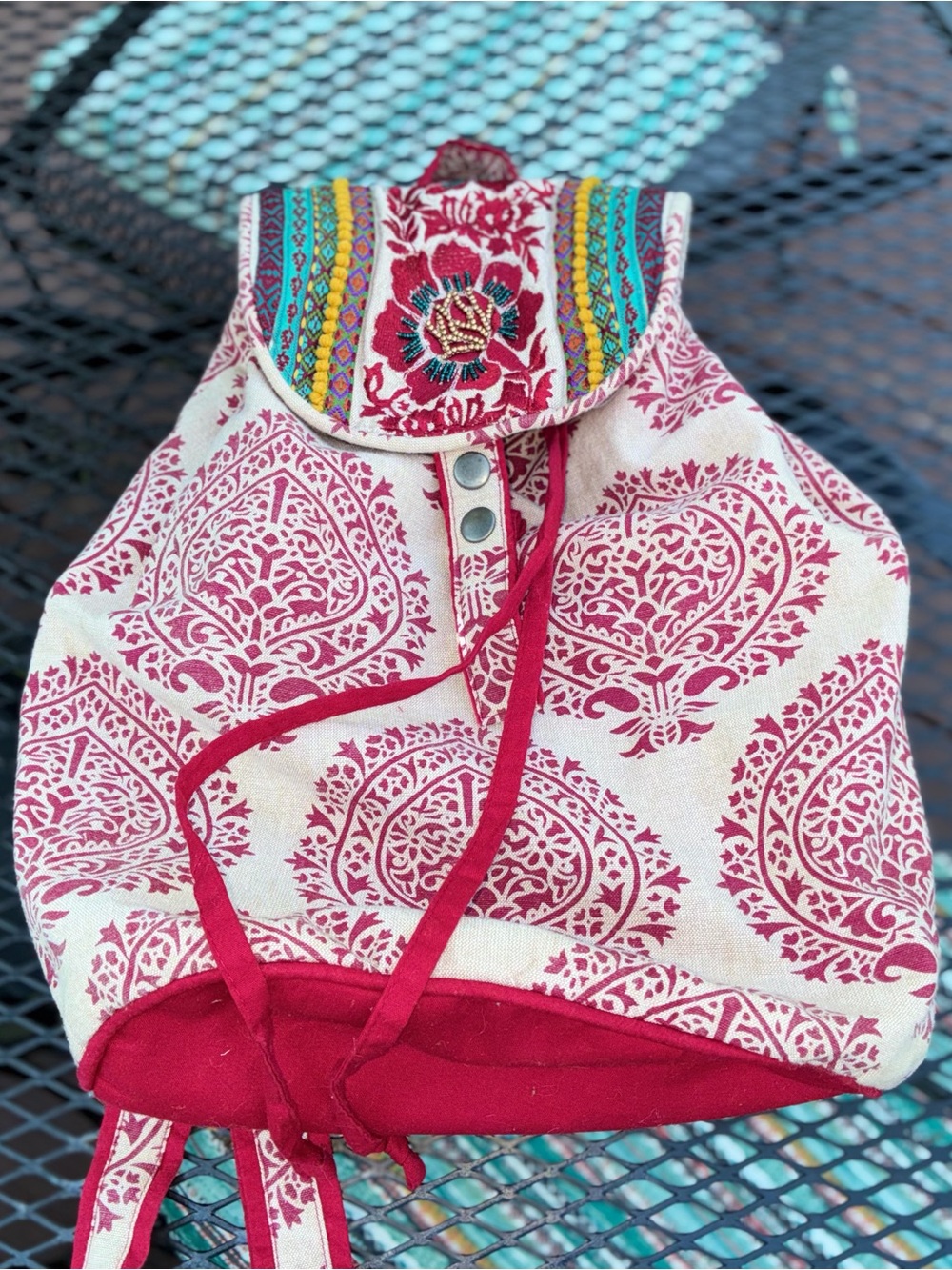 Earthbound Embroidered Printed Red and Cream Boho Drawstring Backpack